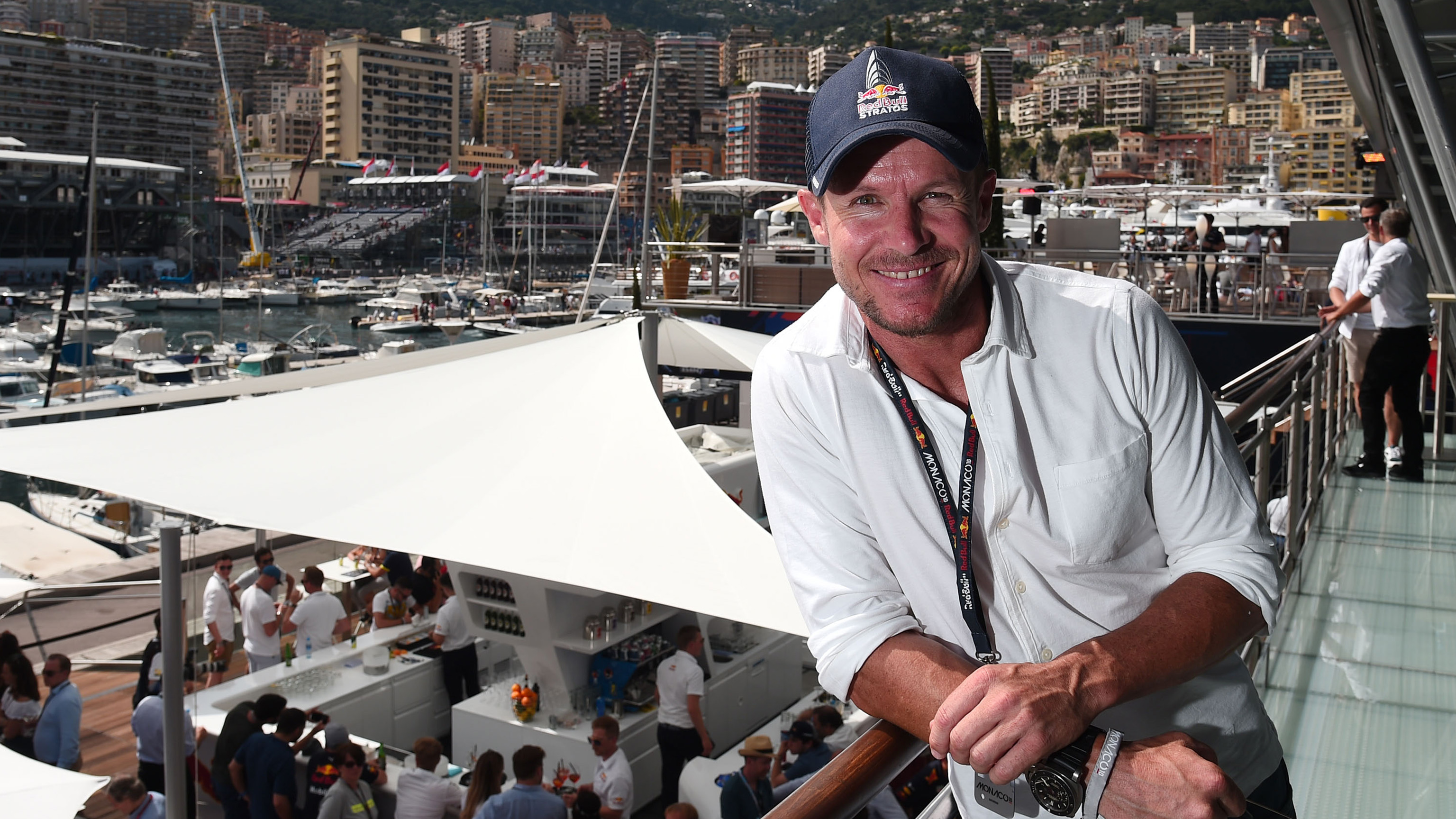 Felix Baumgartner poses for a photo on the Red Bull Racing Energy Station during the Monaco Formula One Grand Prix at Circuit de Monaco on May 26, 2018 in Monte-Carlo, Monaco.